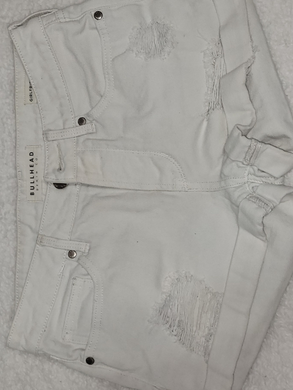 Bullhead White Denim Shorts with Exposed Stitching